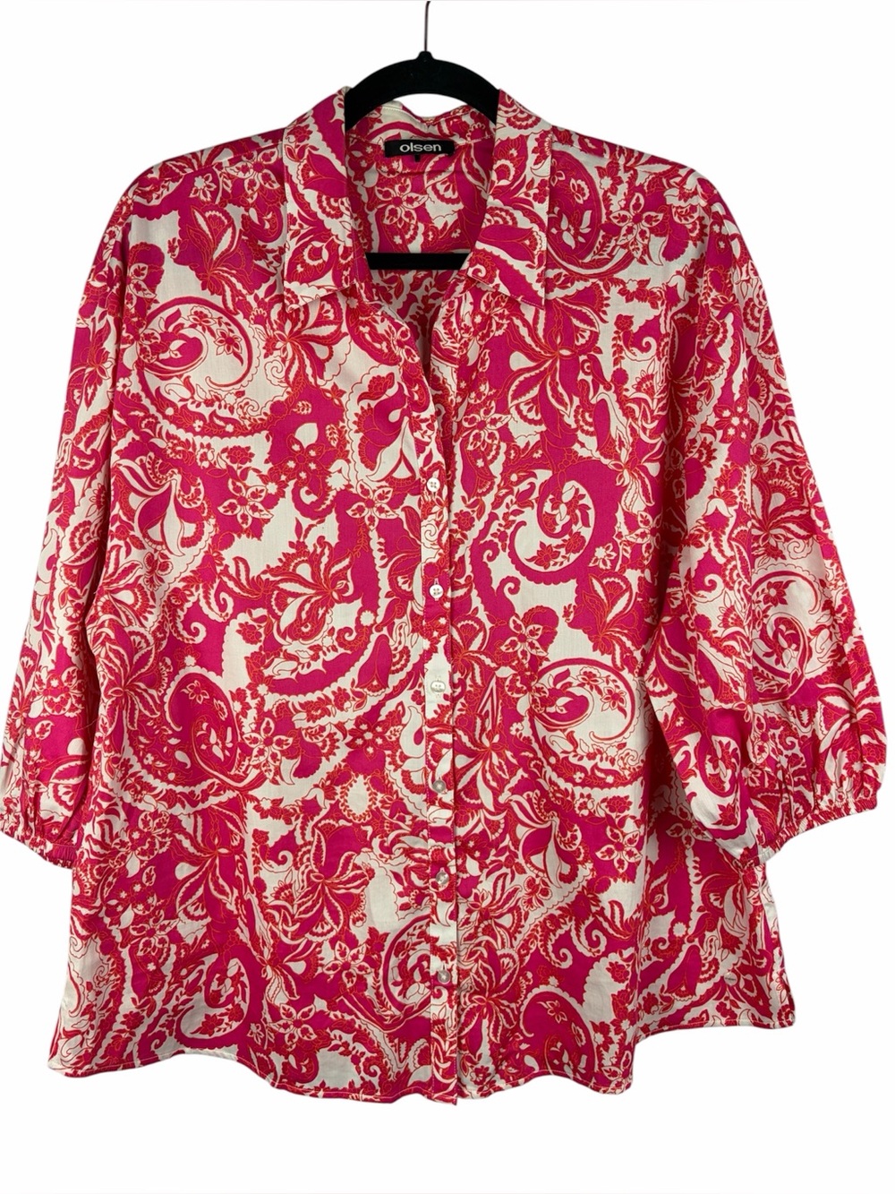 Olsen Large 14 Pink Orange Paisley Floral 100% Cotton Button Blouse